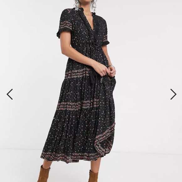 Free People Black with Red and Pink Delicate Floral Patterned Maxi Dress - Picture 2 of 15